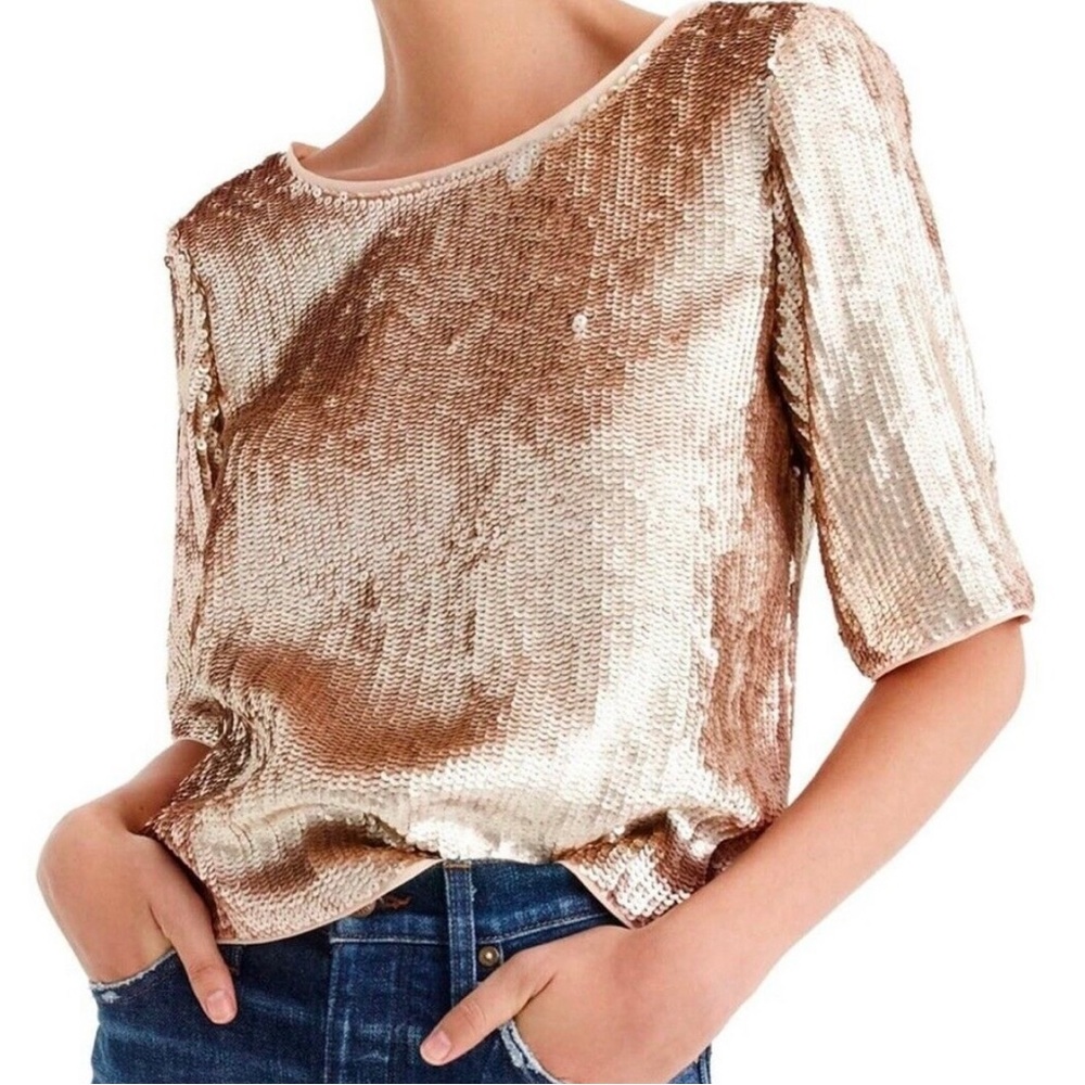 J. Crew Sequin Cropped Blouse Top in Rose Gold Black Bow Ties Women’s Sz 0P